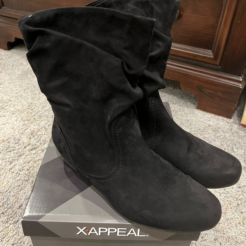 Black suede mid calf boots